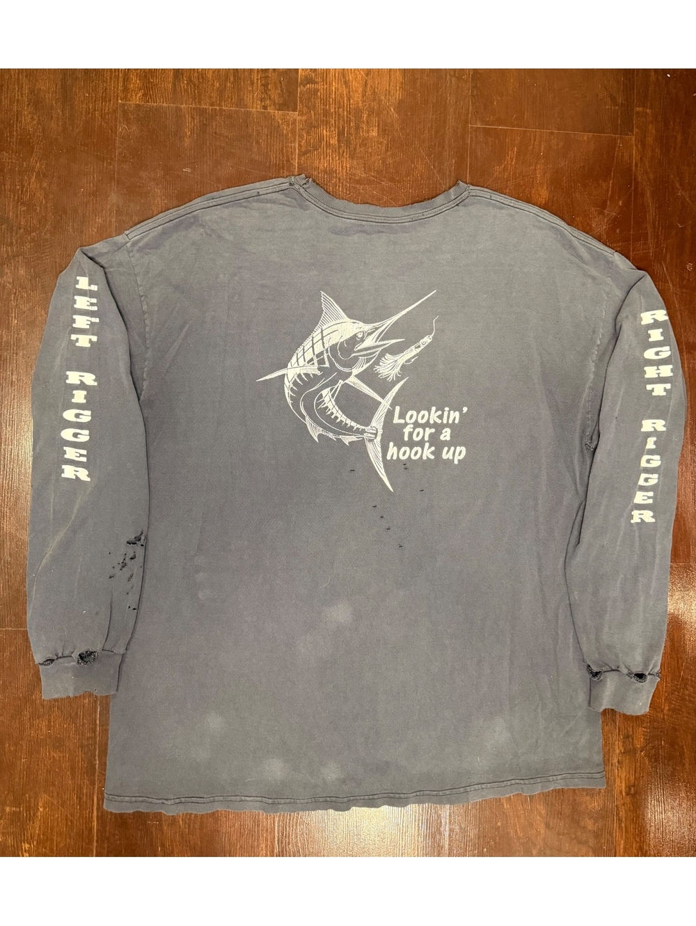 Vintage Y2K Marlin Fishing Shirt Left Right Rigger Distressed Hanes Long Sleeve